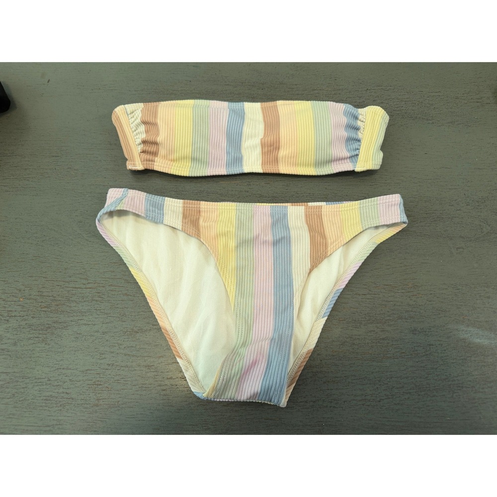 Xhilaration Pastel Rainbow Striped Ribbed Bandeau Bikini Set Small